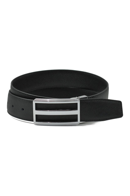 BLACK TEXTURED LEATHER PIN BUCKLE REVERSIBLE BELT
