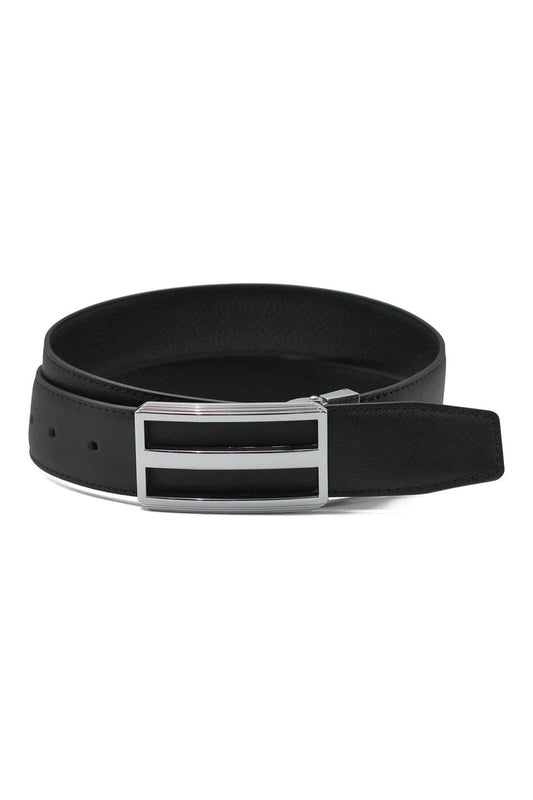 BLACK TEXTURED LEATHER PIN BUCKLE REVERSIBLE BELT