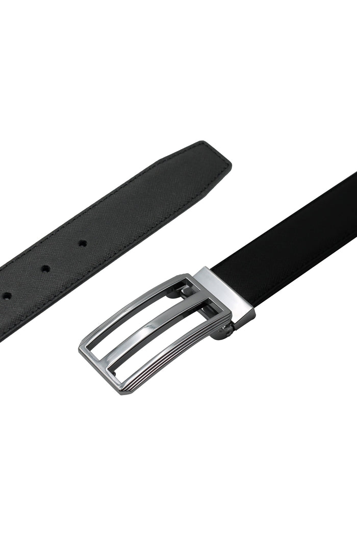 BLACK TEXTURED LEATHER PIN BUCKLE REVERSIBLE BELT