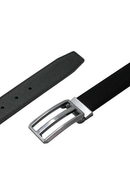 BLACK TEXTURED LEATHER PIN BUCKLE REVERSIBLE BELT