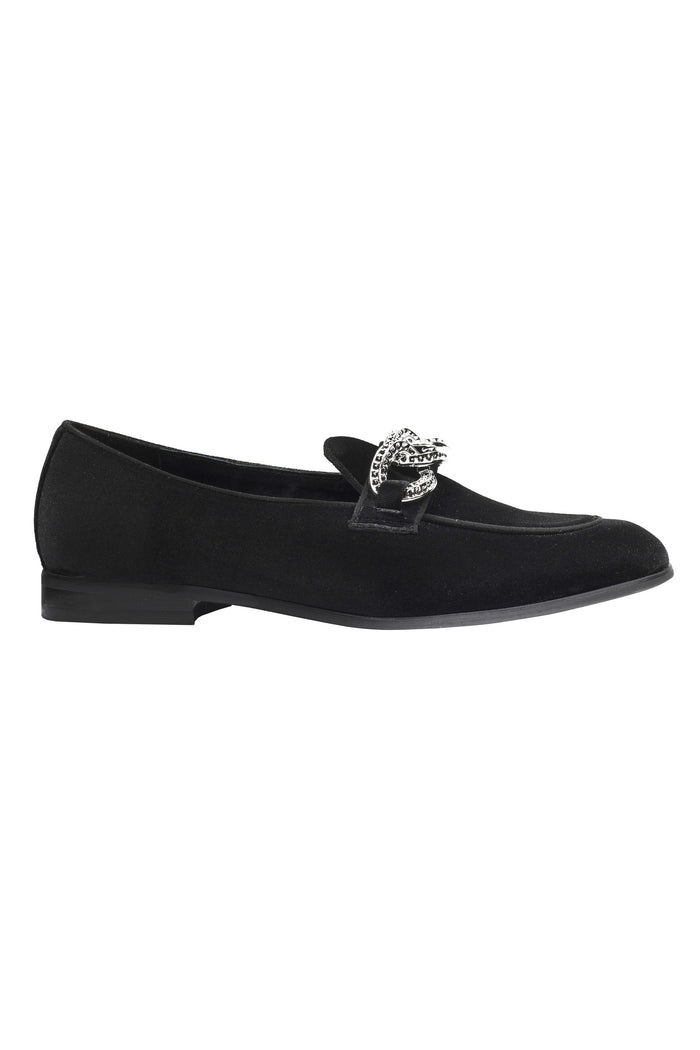 BLACK VELVET LOAFERS WITH DIAMOND CHAIN BUCKLE