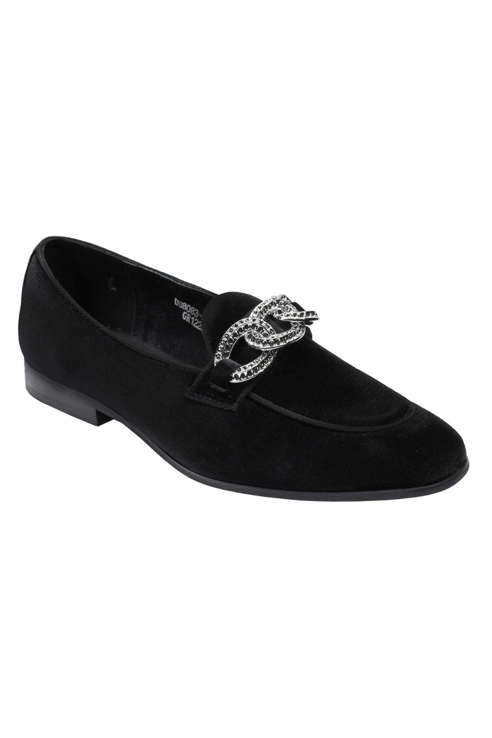 BLACK VELVET LOAFERS WITH DIAMOND CHAIN BUCKLE