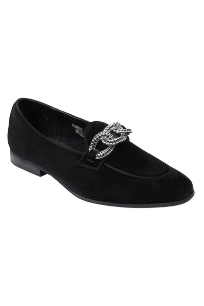 BLACK VELVET LOAFERS WITH DIAMOND CHAIN BUCKLE