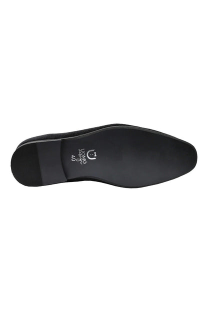BLACK VELVET LOAFERS WITH DIAMOND CHAIN BUCKLE