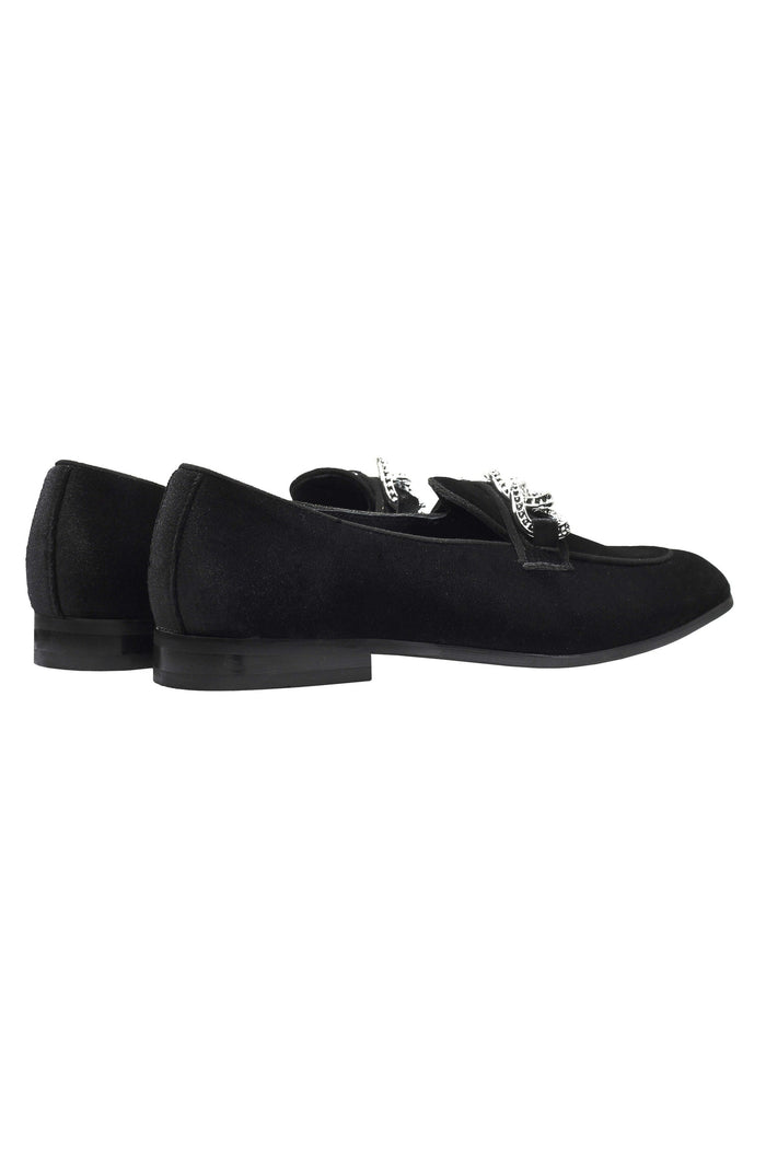 BLACK VELVET LOAFERS WITH DIAMOND CHAIN BUCKLE