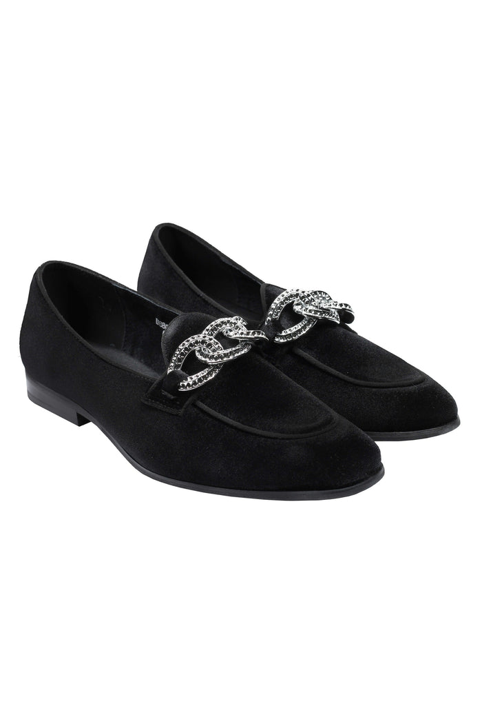 BLACK VELVET LOAFERS WITH DIAMOND CHAIN BUCKLE