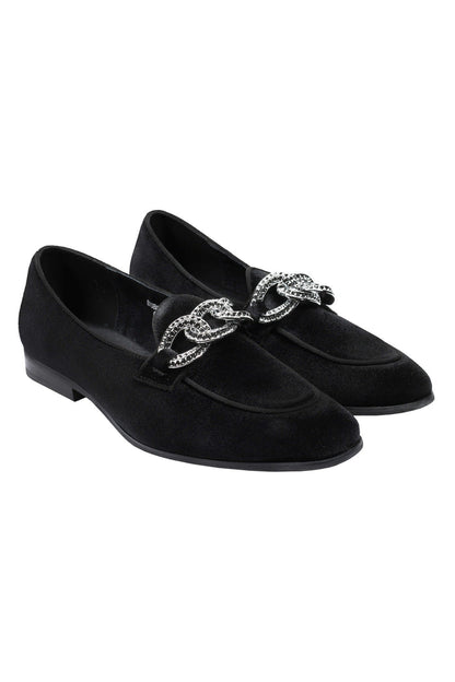 BLACK VELVET LOAFERS WITH DIAMOND CHAIN BUCKLE