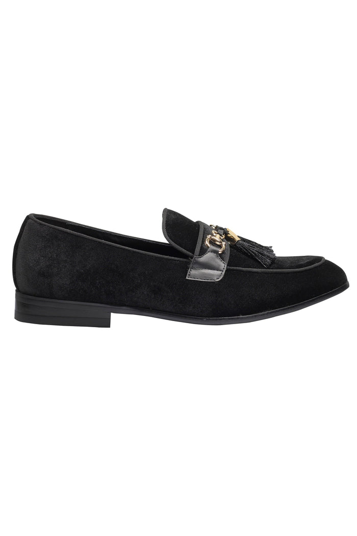 BLACK VELVET TASSEL LOFERS METAL SNAFFLE BUCKLE