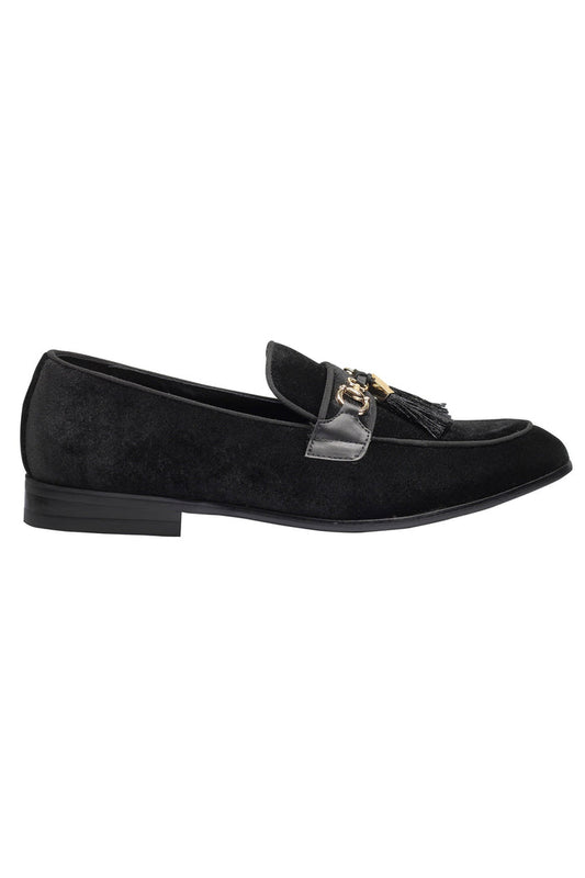BLACK VELVET TASSEL LOFERS METAL SNAFFLE BUCKLE