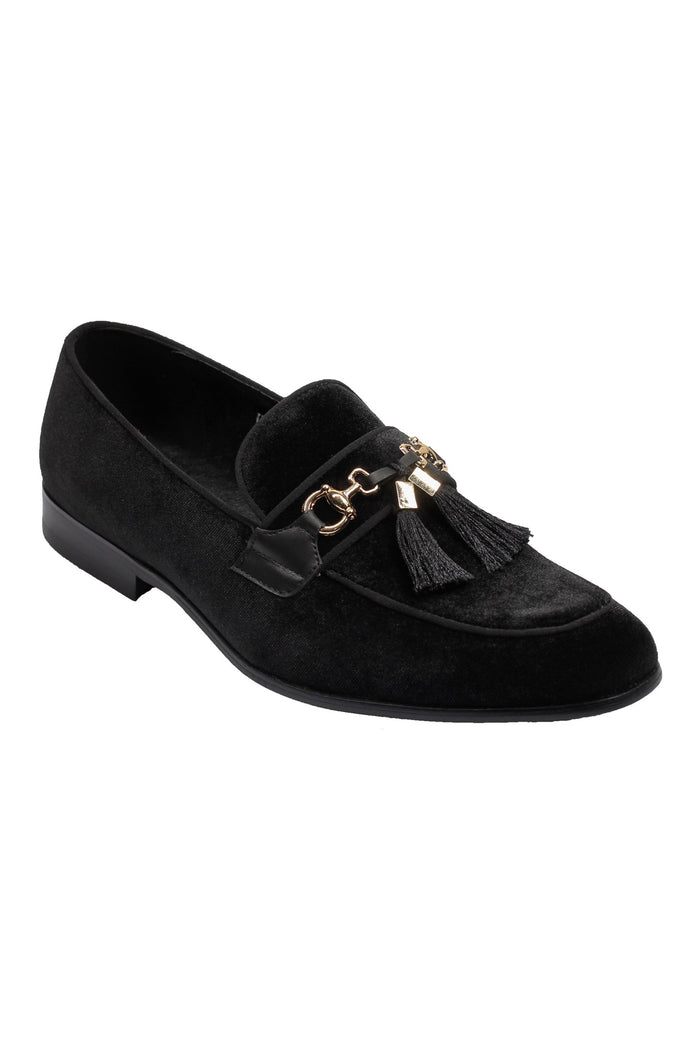 BLACK VELVET TASSEL LOFERS METAL SNAFFLE BUCKLE