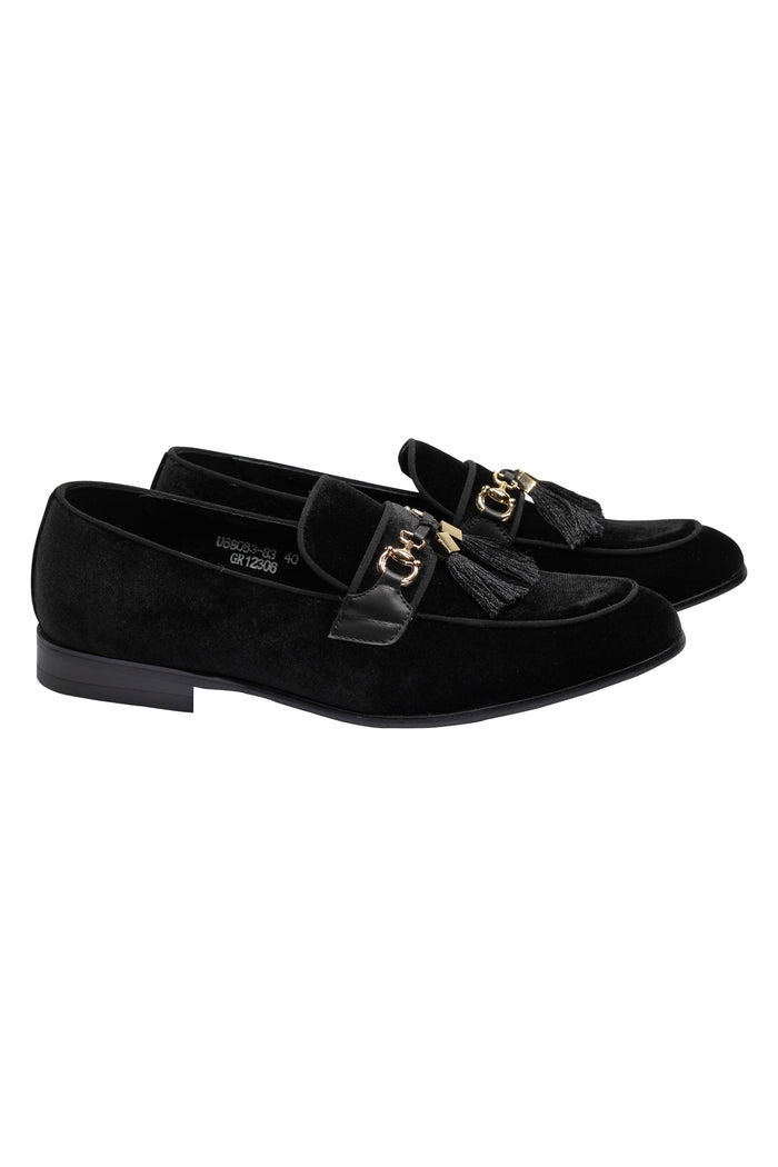 BLACK VELVET TASSEL LOFERS METAL SNAFFLE BUCKLE