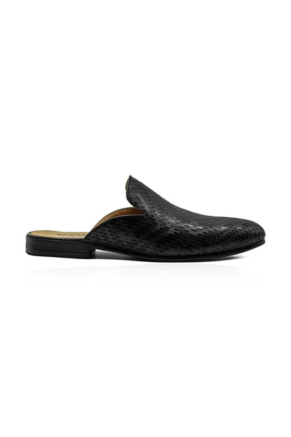 Black Woven Embossed Leather Half Mules