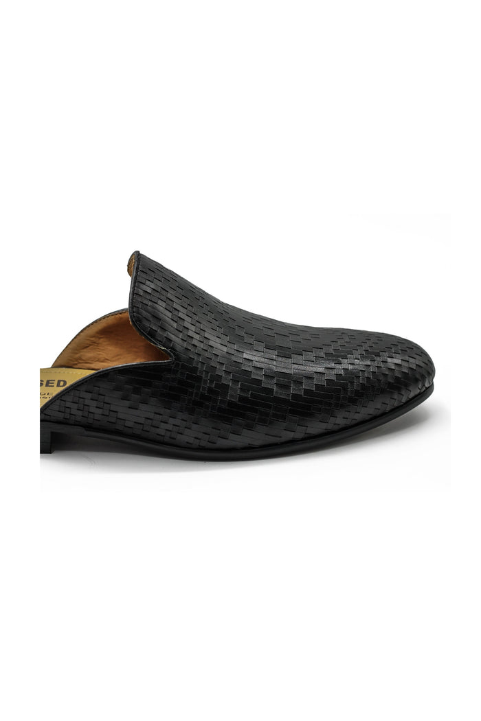 Black Woven Embossed Leather Half Mules