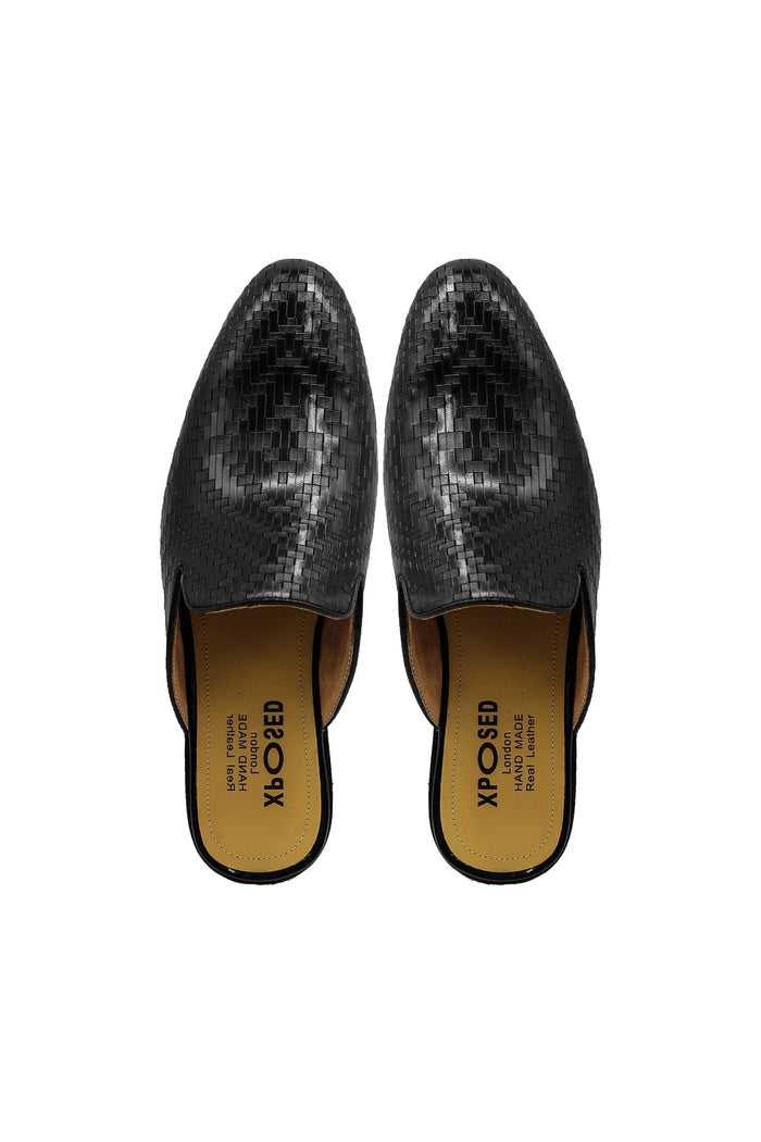 Black Woven Embossed Leather Half Mules