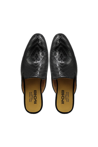 Black Woven Embossed Leather Half Mules