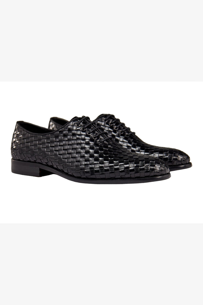 BLACK WOVEN LEATHER OXFORDS