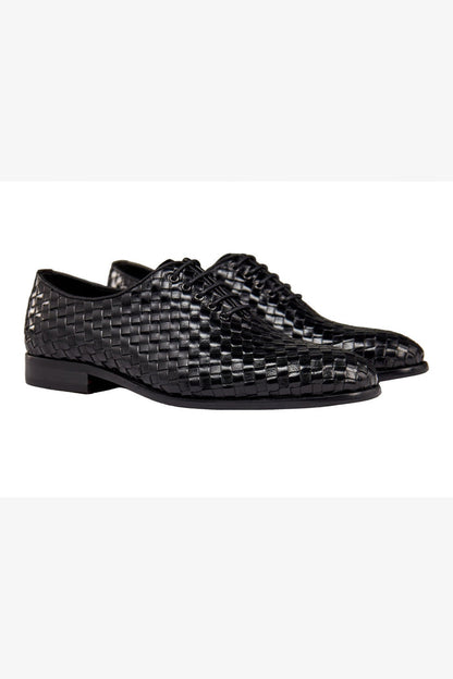 BLACK WOVEN LEATHER OXFORDS