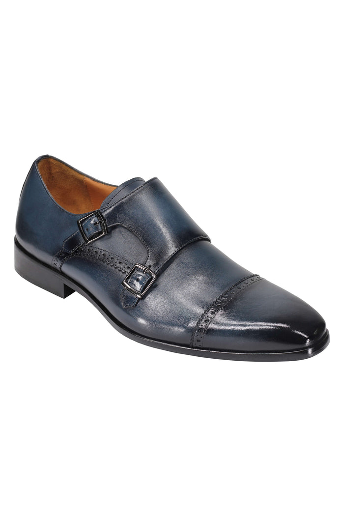 BLUE CALF LEATHER SEMI BROGUE MONK SHOES