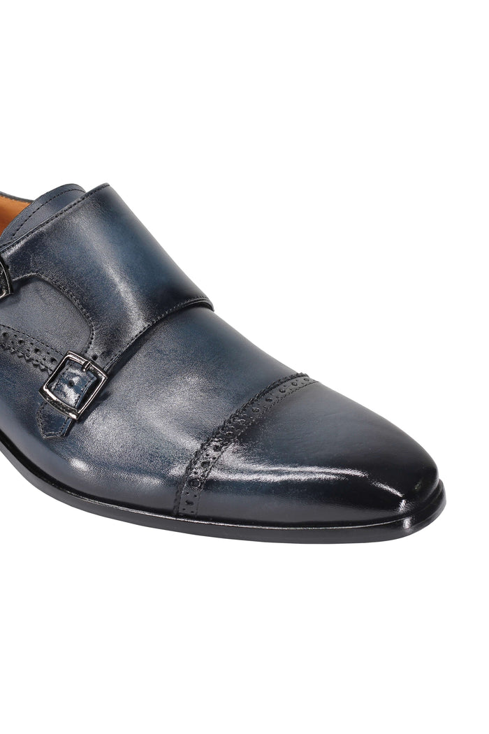 BLUE CALF LEATHER SEMI BROGUE MONK SHOES
