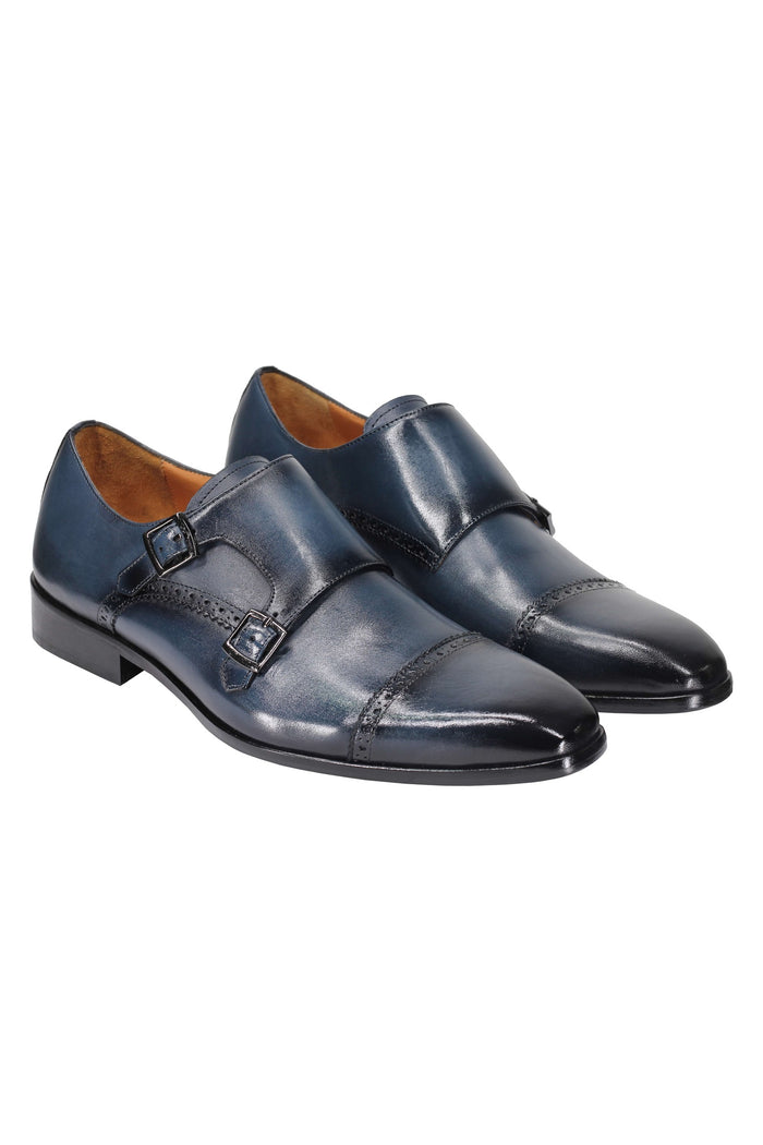 BLUE CALF LEATHER SEMI BROGUE MONK SHOES