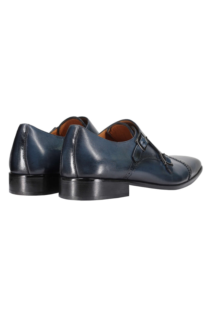 BLUE CALF LEATHER SEMI BROGUE MONK SHOES