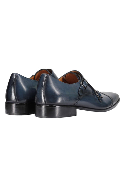 BLUE CALF LEATHER SEMI BROGUE MONK SHOES