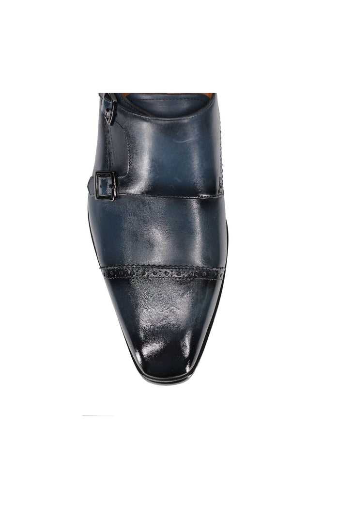 BLUE CALF LEATHER SEMI BROGUE MONK SHOES