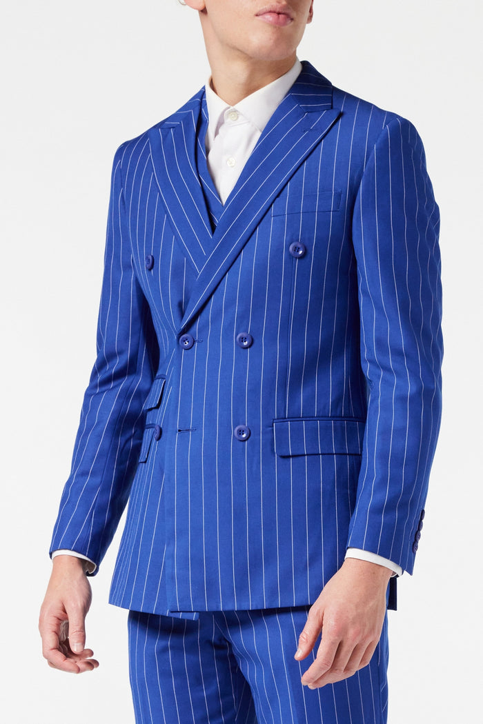 BLUE DOUBLE BREASTED WIDE CHALK STRIPE JACKET