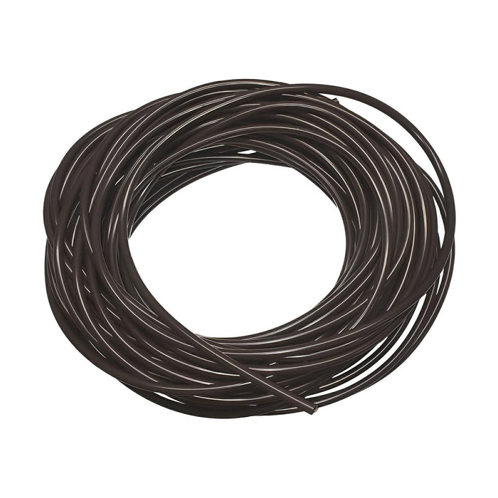 Coiled dark brown, opaque irrigation tubing for hydroponic systems, viewed from directly above on a white background.