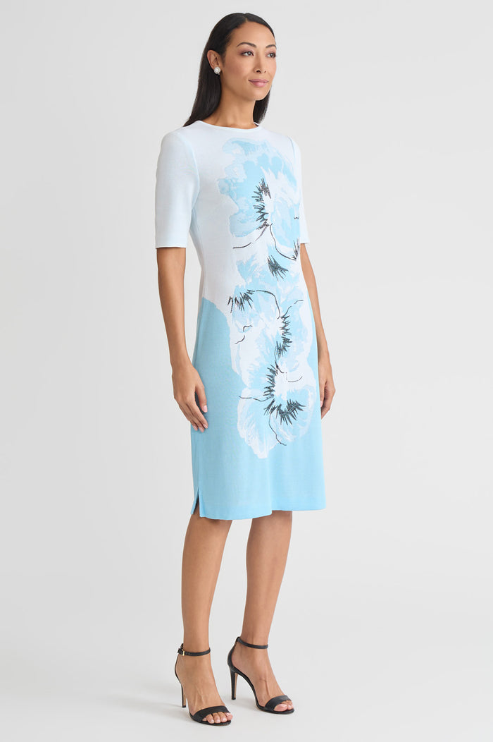 Bold Floral Jacquard Knit Sheath Dress, Serene/White/Black | Ming Wang