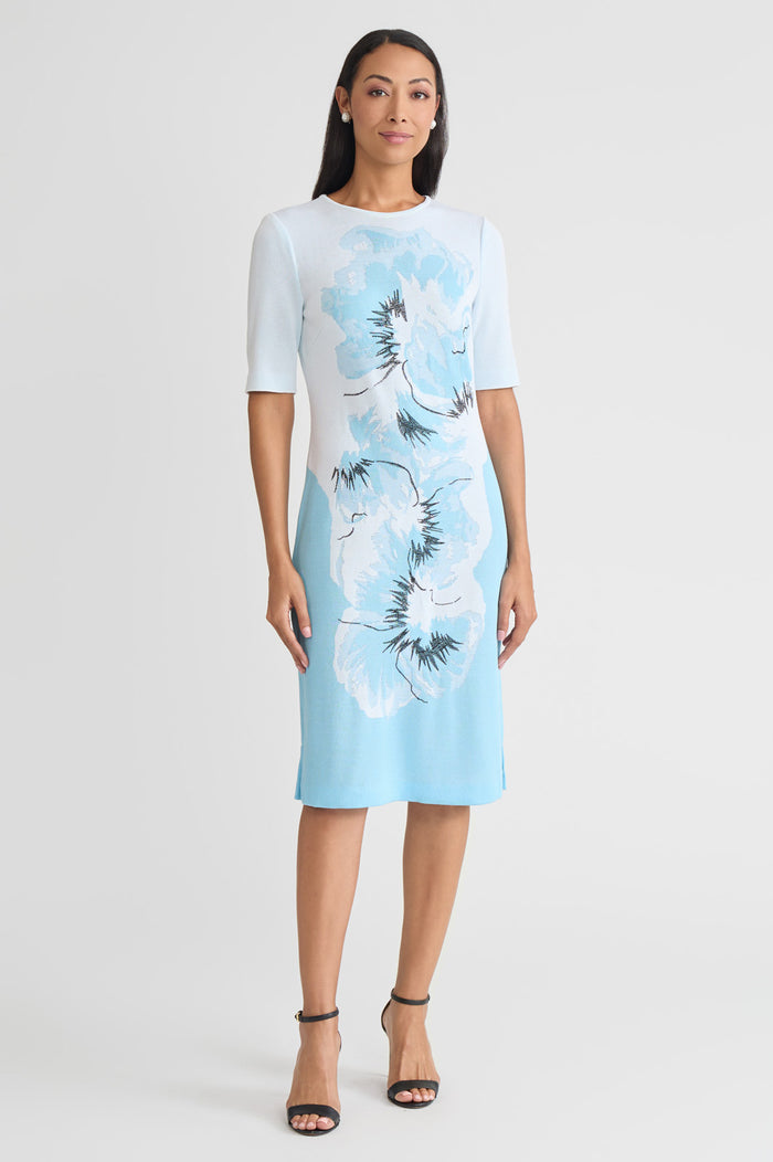 Bold Floral Jacquard Knit Sheath Dress, Serene/White/Black | Ming Wang