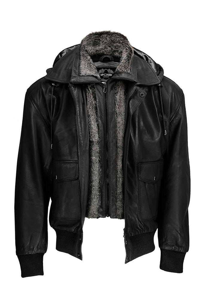 BOMBER FUR COLLAR LEATHER JACKET WITH HOOD