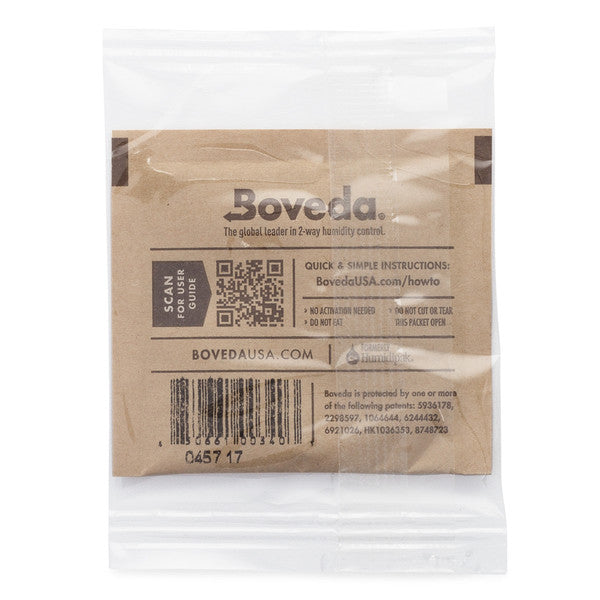 A 62% humidity control packet in a small brown paper square, sealed inside a clear plastic bag.