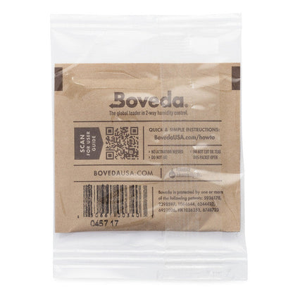 A 62% humidity control packet in a small brown paper square, sealed inside a clear plastic bag.
