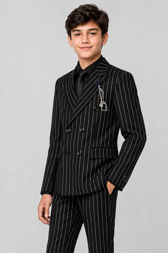 Boys Alfred Black & White Pinstripe Double Breasted 2 Piece Suit with Lapel Pin