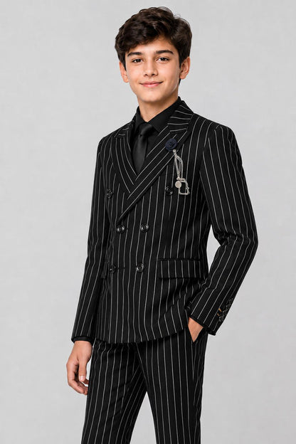Boys Alfred Black & White Pinstripe Double Breasted 2 Piece Suit with Lapel Pin