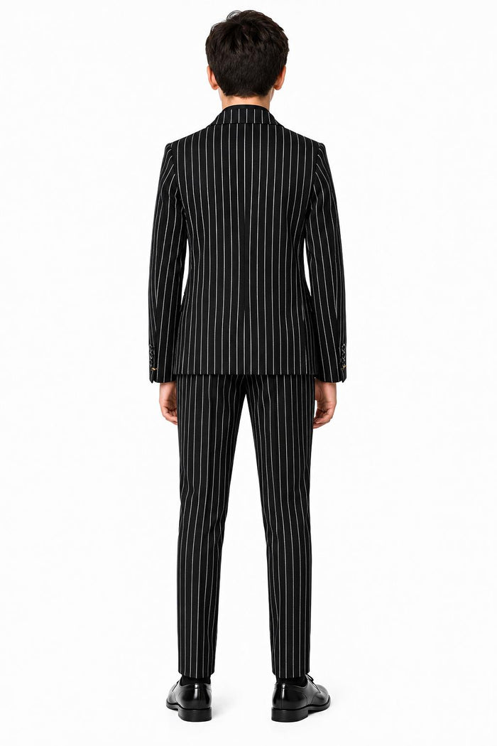 Boys Alfred Black & White Pinstripe Double Breasted 2 Piece Suit with Lapel Pin