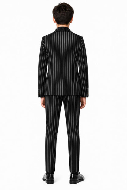 Boys Alfred Black & White Pinstripe Double Breasted 2 Piece Suit with Lapel Pin