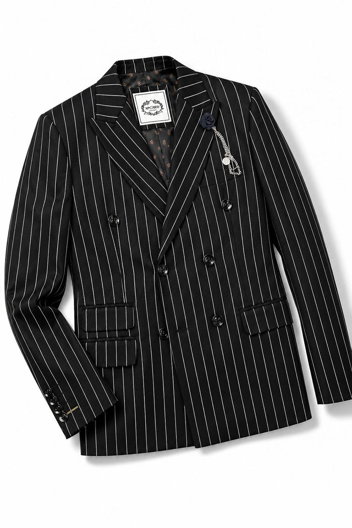 Boys Alfred Black & White Pinstripe Double Breasted 2 Piece Suit with Lapel Pin