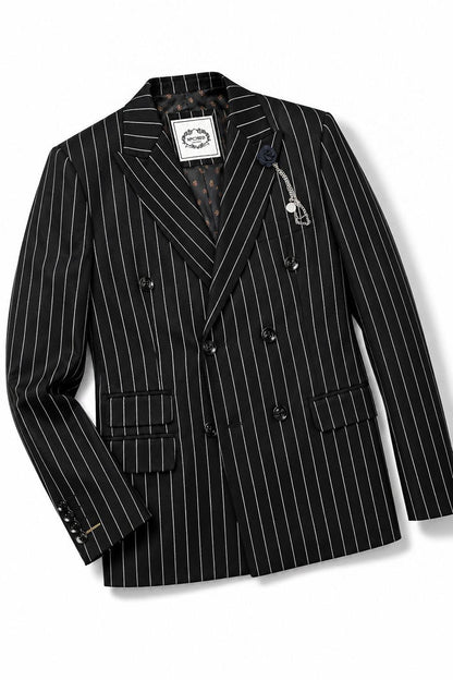 Boys Alfred Black & White Pinstripe Double Breasted 2 Piece Suit with Lapel Pin