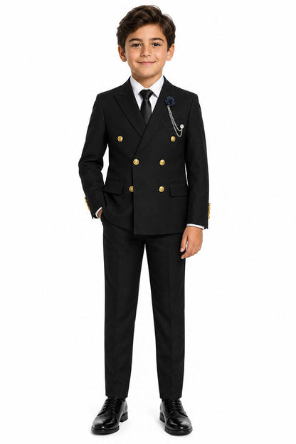 Boys Black Double Breasted 2 Piece Suit with Gold Buttons & Lapel Pin