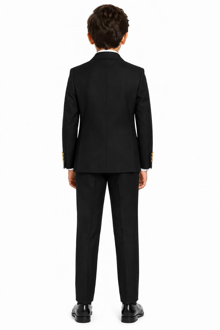 Boys Black Double Breasted 2 Piece Suit with Gold Buttons & Lapel Pin