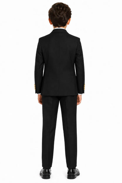 Boys Black Double Breasted 2 Piece Suit with Gold Buttons & Lapel Pin