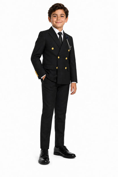 Boys Black Double Breasted 2 Piece Suit with Gold Buttons & Lapel Pin