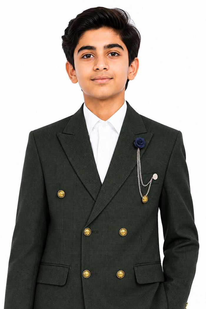 Boys Finley Olive Green Check Double Breasted 2 Piece Suit with Gold Buttons