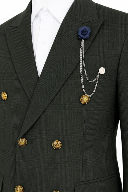 Boys Finley Olive Green Check Double Breasted 2 Piece Suit with Gold Buttons