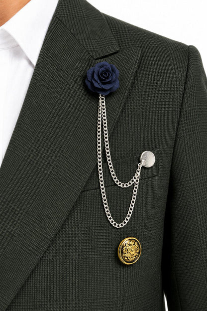 Boys Finley Olive Green Check Double Breasted 2 Piece Suit with Gold Buttons
