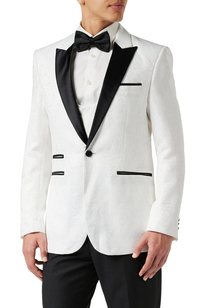 Men's Brian White Floral Jacquard Print Tuxedo 4-Piece Suit Bundle