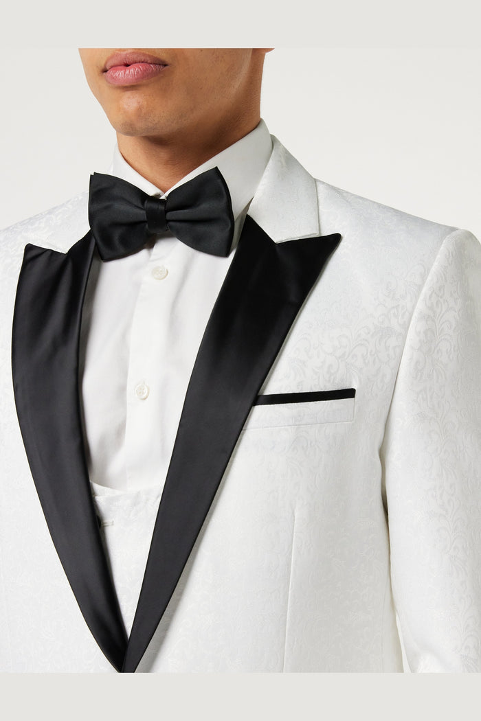 BRIAN - Floral Jacquard Print White Tuxedo Jacket With Waistcoat