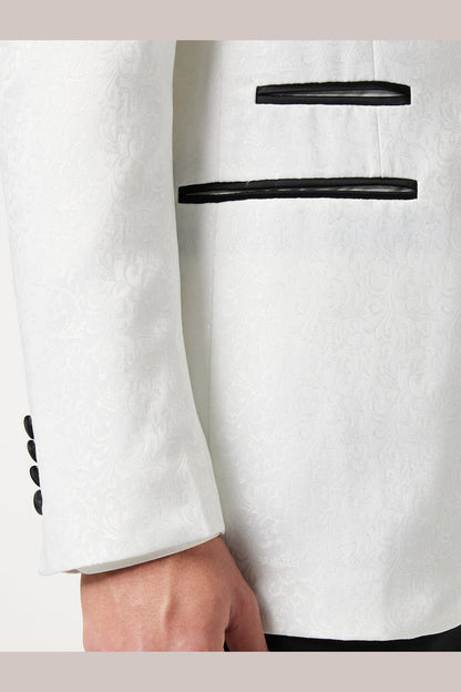 BRIAN - Floral Jacquard Print White Tuxedo Jacket With Waistcoat